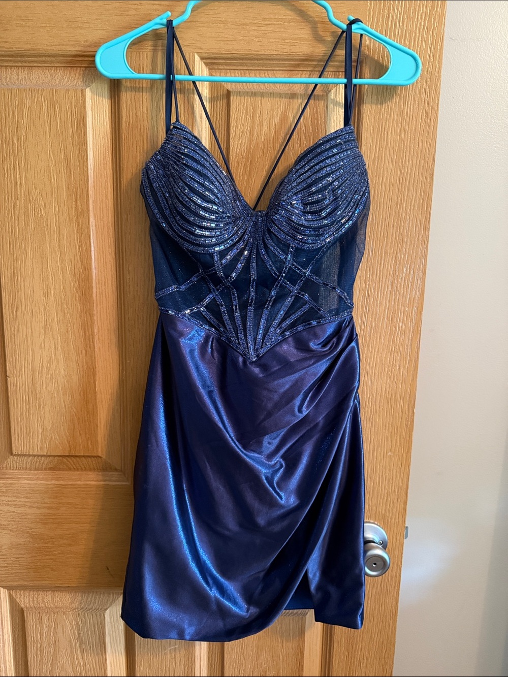 Sparkling Navy Blue homecoming Dress with sheer Beaded Bodice